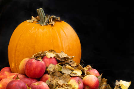 Big orange pumpkin and pile of fresh apples with autumn leaves on black background. Preparing decoration for Thanksgiving or Halloween holidayの写真素材