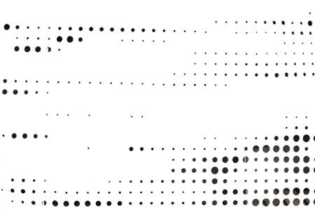 Abstract white background with circles of different diameters. White metal texture with black holes randomly located. Porous black and white random dots patternの写真素材