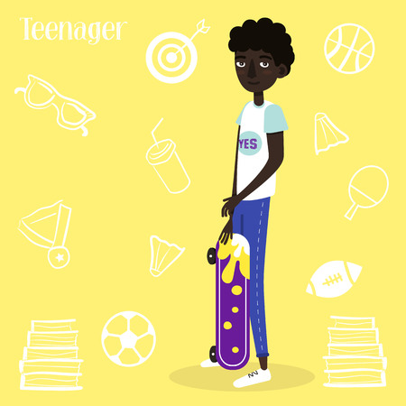 Illustration of a boy skateboarder. Afro-American. A set of stickers. For banner, web, advertising.のイラスト素材