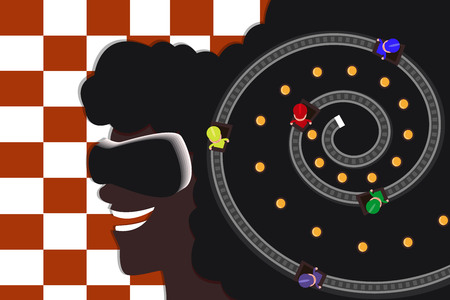 Young afro american girl in virtual reality glasses. Racing on the tracks. Modern flat. Checkered background. Colorful colors. Web design, packaging, advertising.のイラスト素材