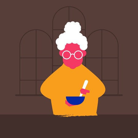 Vector illustration of an old woman. Grandmother cooks. For design, web, booksのイラスト素材