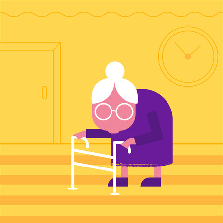 Vector illustration old woman. Flat style. Advertise nursing home. For signage, advertising, webのイラスト素材