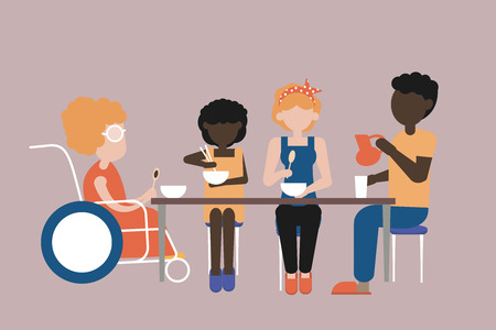 Dinner in the family circle. Family values. Vector flat illustration. Caring for loved ones. For web, stickers, social advertising.のイラスト素材