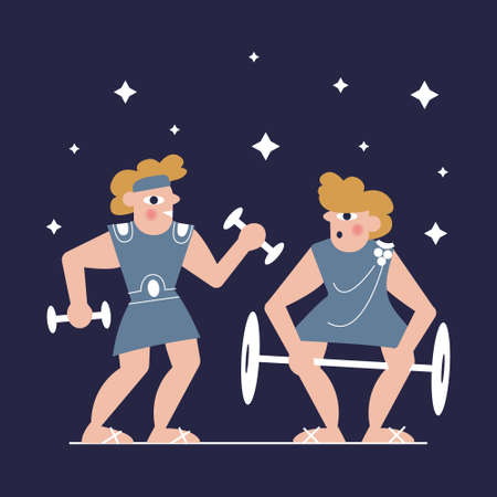 Illustration in a flat style. Two soldiers go in for sports.  Label or website design.のイラスト素材