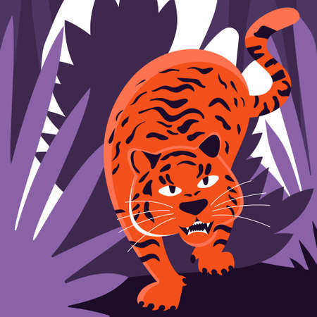 Vector illustration of a tiger in the jungle. The symbol of the new year. For packaging design, print, web, poster, childrens book.のイラスト素材