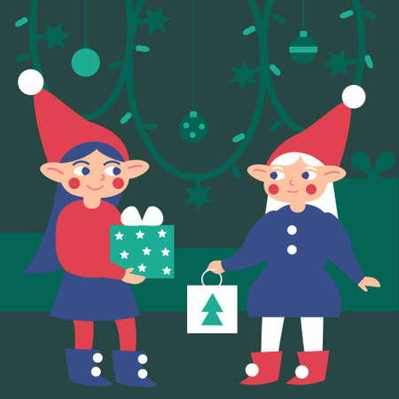 Vector illustration. Elf girls exchange gifts and congratulate each other. New Year. Christmas. Postcard, print, illustration for gift wrapping, boxes.のイラスト素材