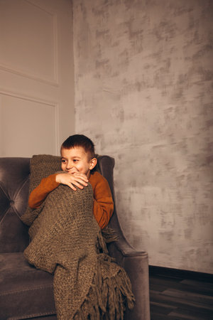 Portrait of a boy sitting on a sofa. Boy covered with a blanketの写真素材