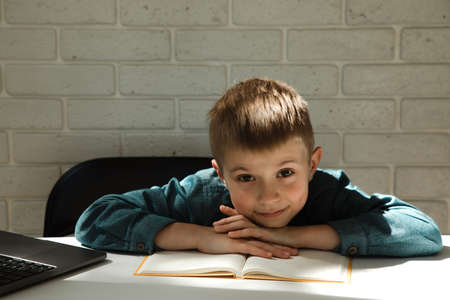 An attractive schoolboy at the table on the notebook while completing the task for online learning and smilingの写真素材