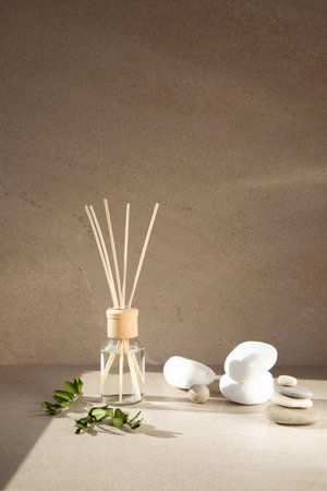 Aroma diffuser in a clear glass bottle with a wooden cap on a light stone background with wooden sticks behind and green branches. Front viewの写真素材