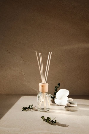 Aroma diffuser in a clear glass bottle with a wooden cap on a light stone background with wooden sticks behind and green branches. Front viewの写真素材
