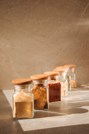 A group of seasonings in glass jars on a light stone background with shadows. Paprika, herbs, mustard, garlic, front view, selective focusの写真素材
