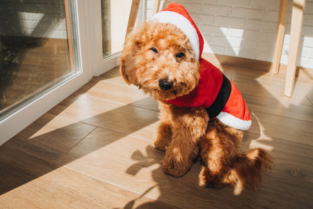 A small ginger poodle dog in a Santa suit sits on the floor on a sunny day. Christmas concept, front viewの写真素材