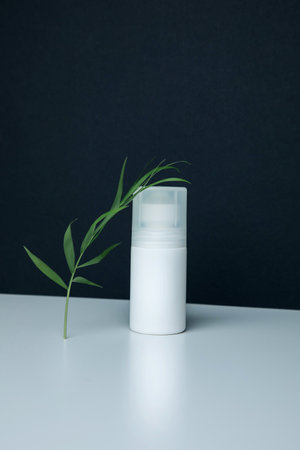 Roll-on antiperspirant in a white package on a white-black background with a branch of a decorative palm tree. Front viewの写真素材