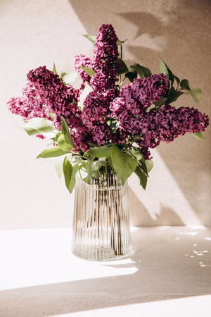 A bouquet of lilacs in a transparent vase on a beige background with a shadow. Front view