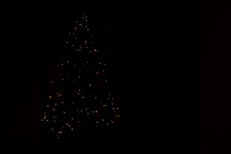 Abstract background of blurred yellow lights, Christmas tree silhouette. Lights bokeh dis focus. Christmas background, copy spaceの写真素材
