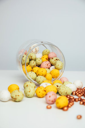 Chocolate colorful decorative eggs in a glass jar on a white background. Happy Easter. Front view
