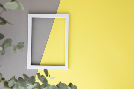Gray-yellow background with a white wooden frame with a branch of eucalyptus. Flat lay. Textured background for design with empty spaceの写真素材