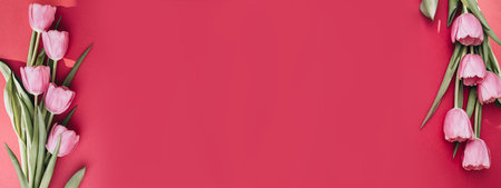 Web banner with gently pink tulips on the bright pink background. Spring background with a bouquet of flowers with copy space. Top viewの写真素材
