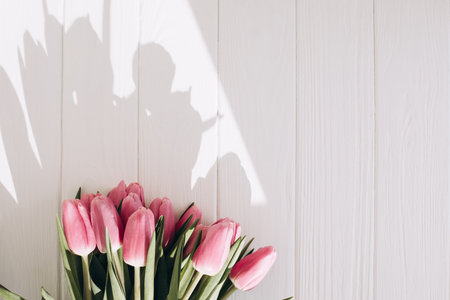 Pale pink delicate tulips on a white wooden background. Spring background with a bouquet of flowers. Top viewの写真素材