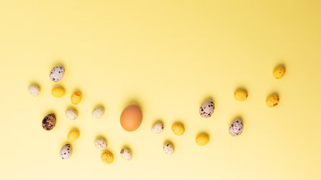 Colored eggs of different sizes on a yellow background. Symbol of the Easter holiday. Easter background. Flat lay, web bannerの写真素材