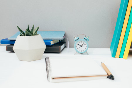 Workplace with stationery. Multicolored notepads, blue alarm clock, succulent on a white wooden table against a gray wall. Front viewの写真素材