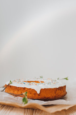 Round Easter cupcake decorated with white protein cream and colorful sprinkles on a white background with young tree branches. Front viewの写真素材