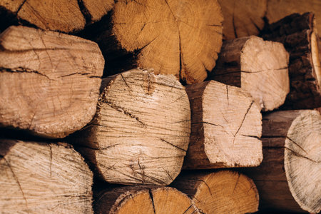 Natural wooden textured background. Large old logs with scuffs and cracks are stacked. Side viewの写真素材
