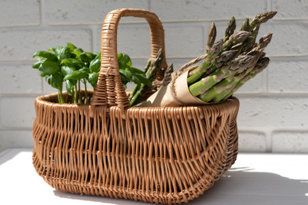 Healthy food background. A fresh asparagus and green basilica in a straw basket on white wooden table. Front viewの写真素材