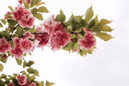 Blooming branches of pink sakura on a background of white sky, selective focus. Natural background with flowersの写真素材