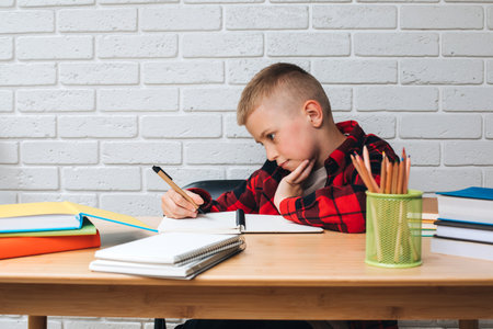 Concept back to the school. A boy in the process of studying sits at a table with unigami, notebooks and pencils. Front viewの写真素材