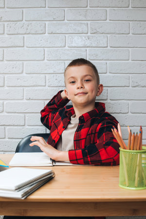 Concept back to the school. A boy in the process of studying sits at a table with unigami, notebooks and pencils. Front viewの写真素材