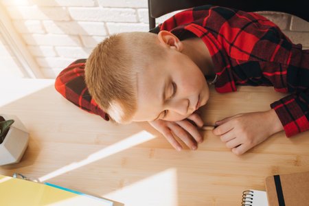 Concept back to the school. A boy in the process of studying sits at a table with books, notebooks and pencils. A pupil fell asleep during class. Top viewの写真素材
