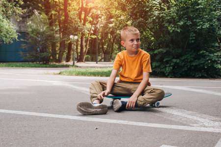 Outdoor activities for children.A cheerful young boy in bright clothes sits on a skateboard. Caucasian schoolboy on a walk. Front viewの写真素材