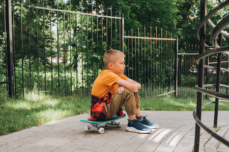 Outdoor activities for children. A cheerful young boy in bright clothes sits on a skateboard. Caucasian schoolboy on a walk. Front viewの写真素材