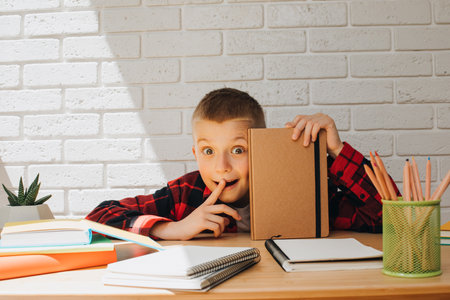 Concept back to the school. A joyful smiling boy in the process of studying sits at a table with books, notebooks and pencils. Front viewの写真素材