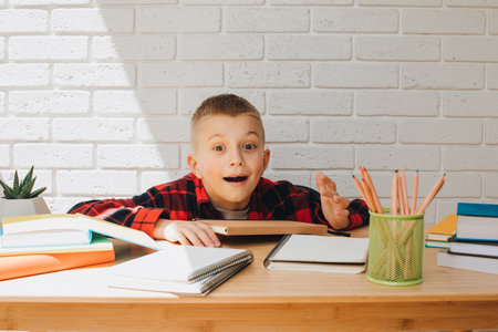 Concept back to the school. A joyful boy in the process of studying sits at a table with books, notebooks and pencils. Front viewの写真素材