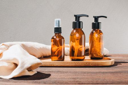 Set of natural cosmetics. Amber bottles with facial liquid and a linen towel on wooden table. Front viewの写真素材