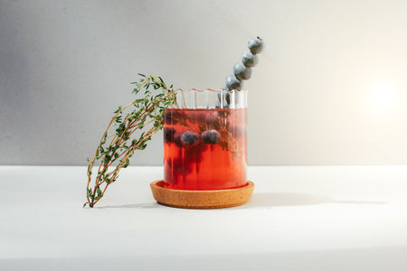 Drinks with with berries and fruits in transparent glasses on a concrete background. Lemonade with ice, refreshing drinks. Fruit lemonade with blueberry and sprig of thyme. Front viewの写真素材