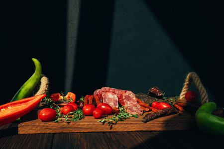 Sausage of different types and sizes on a wooden tray with green paper and tomatoes. Set of smoked sausage on dark wooden background. Front viewの写真素材