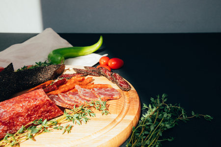 Sausage of different types and sizes on a round wooden plate on a black background. Set of smoked sausage. Front viewの写真素材