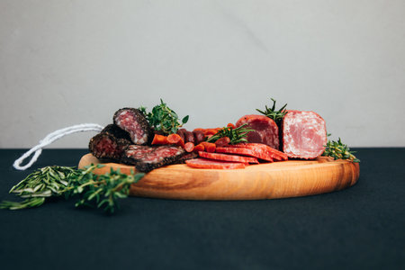 Sausage of different types and sizes on a round wooden plate. Set of smoked sausage. Front viewの写真素材