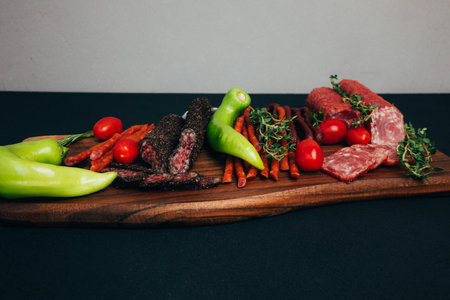 Sausage of different types and sizes on a wooden tray with green paper and tomatoes. Set of smoked sausage on dark background. Front viewの写真素材