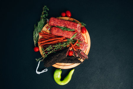 Sausage of different types and sizes on a round wooden plate on a black background. Set of smoked sausage. Top viewの写真素材