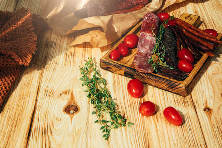 Sausage of different types and sizes on a round wooden tray with chilli papers, thyme and tomatoes. Set of smoked sausage on wooden background. Top viewの写真素材