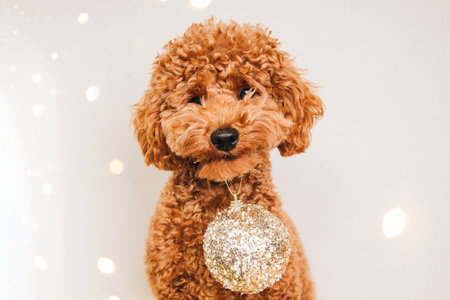 Close-up small ginger poodle dog with a golden Christmas toy on a light background. Pets portrait....