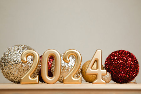 Background for greetings with empty space. Happy new year card. Figures 2024 on a light wooden background with Christmas toys. Front viewの写真素材