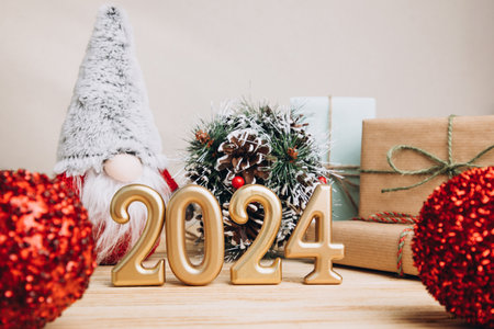 Background for greetings with empty space. Happy new year card. Figures 2024 on a light wooden background with Christmas toys. Front viewの写真素材