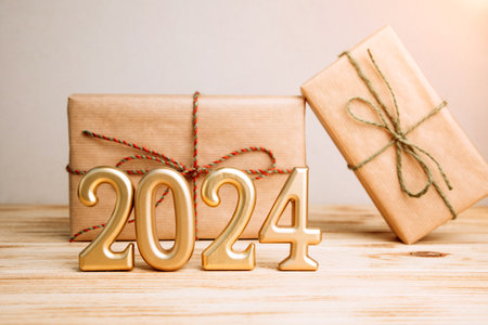 Background for greetings with empty space. Happy new year card. Figures 2024 on a light wooden background with gifts wrapped in brown paper. Front viewの写真素材