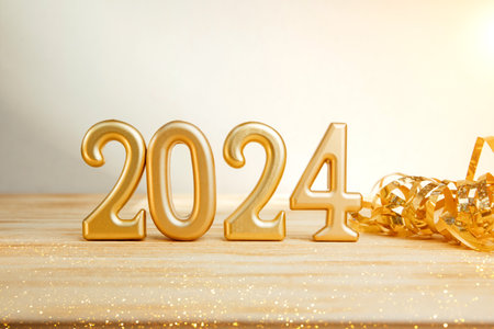 Background for greetings with empty space. Happy new year card. Figures 2024 on a light wooden background. Front viewの写真素材