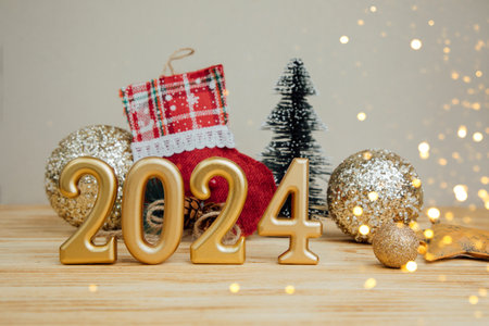 Background for greetings with empty space. Happy new year card. Figures 2024 on a light wooden background with Christmas toys. Front viewの写真素材